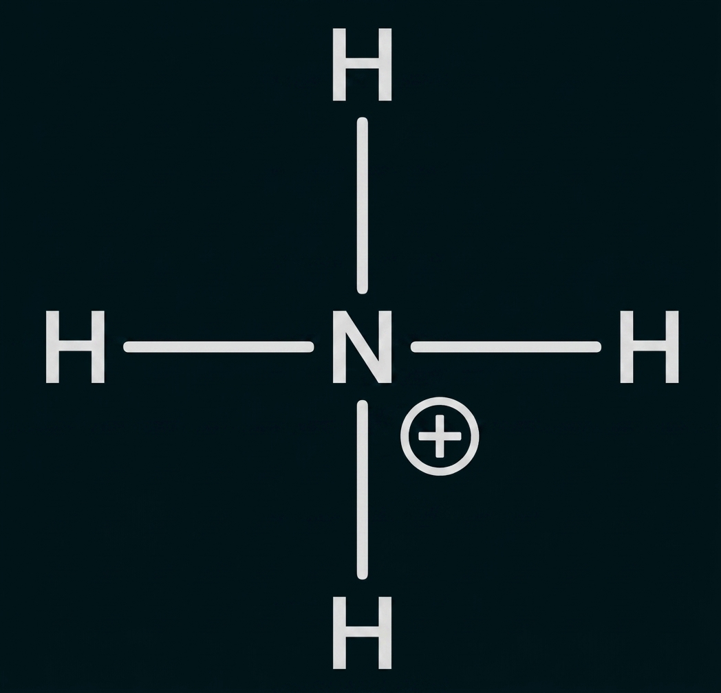Skelettformel: Ammonium-Ion (NH4+) mit zentralem N und vier H-Atomen, positives Ladungszeichen